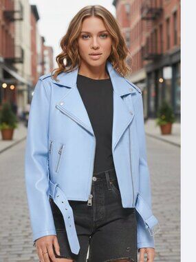NWT Levi's Women's Faux-Leather Belted Hem Moto Jacket In Hybrid Blue Small